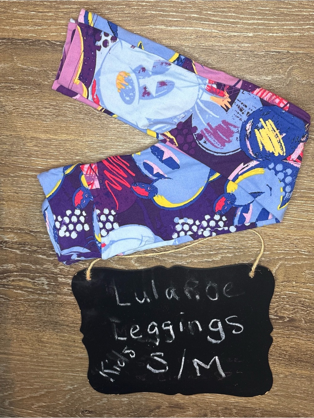 LuLaRoe Kids Purple Multicolor Abstract Disney Mickey Mouse Leggings